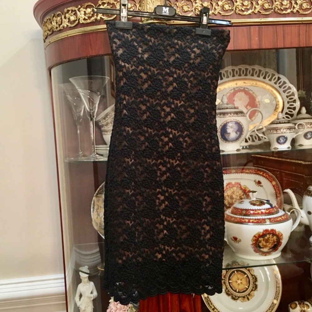 Daniel&Rebecca Floral Lace Mesh Curve Hugging Black Strapless Mini Dress Sz.XS-S